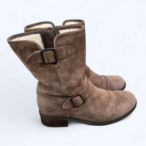 UGG Australia Chaney Brown Moto Engineer Boots Shearling Lined Suede Women's 8.5 - Picture 7 of 15